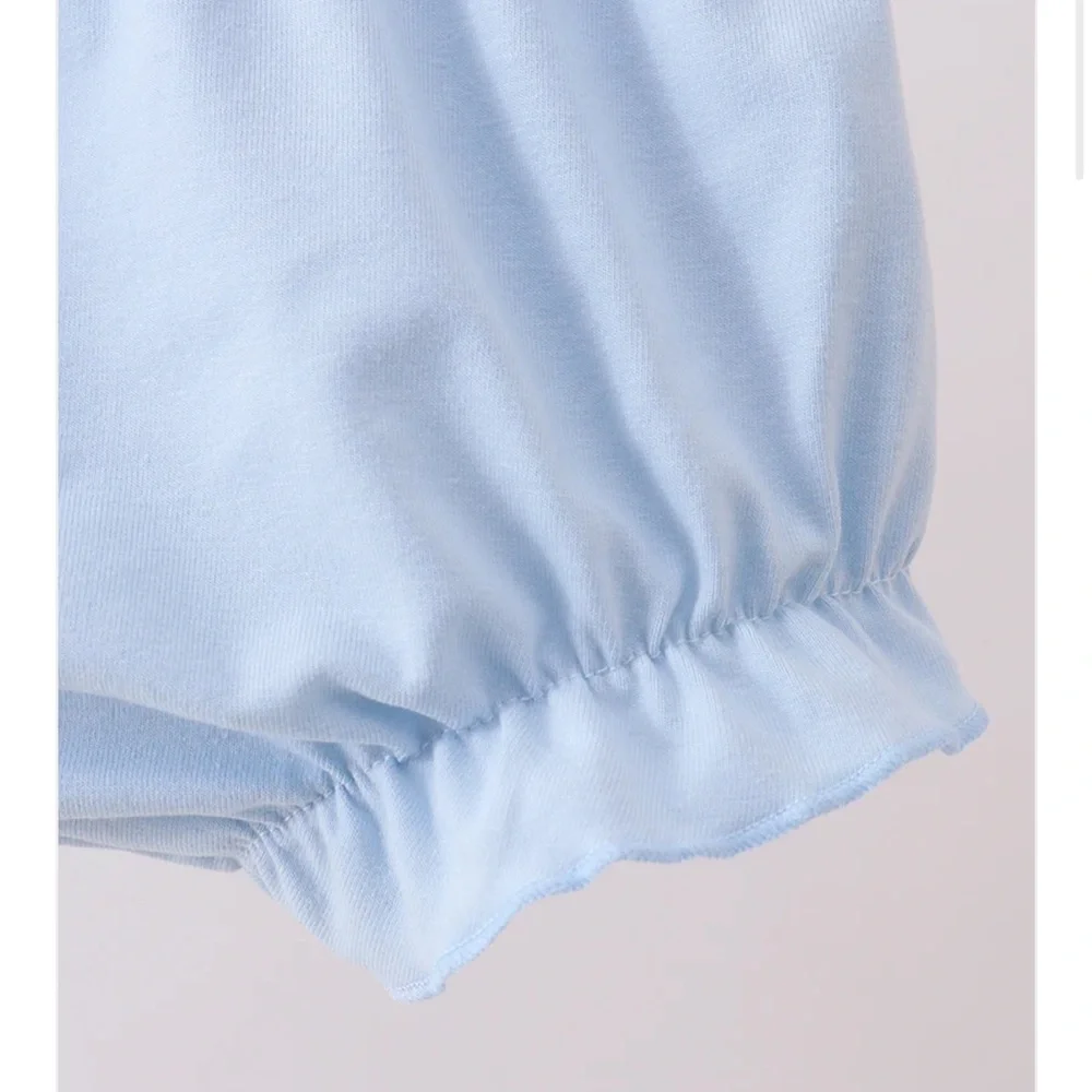Smocked Baby Two-Piece Lemon Set with Light Blue Bow & Ruffle Bloomers Set Girls